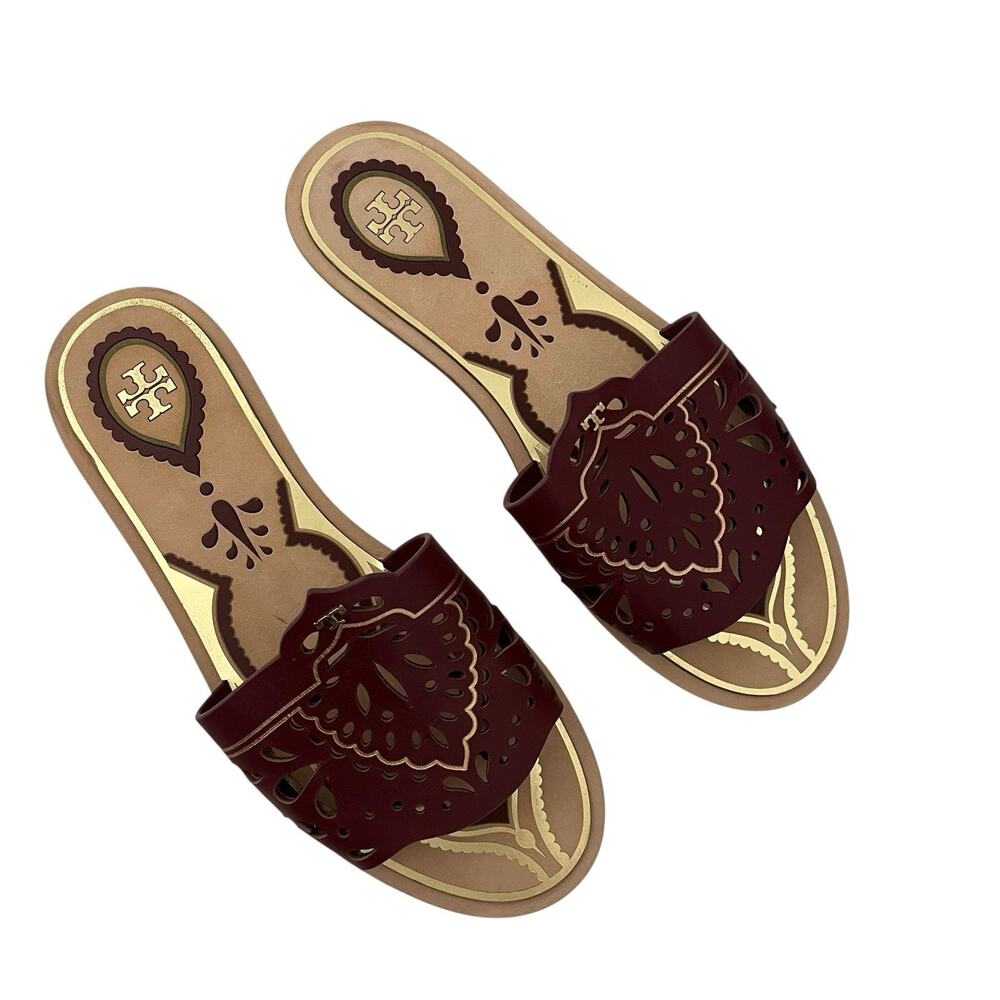 Tory Burch Annika Flat Sandals Tuscan Wine Size 7 Laser Cut Leather Slide Summer - Picture 2 of 9